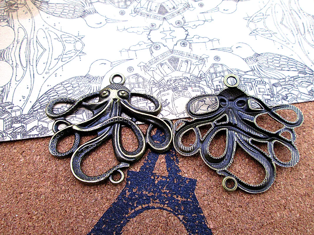 

6pcs--47*43mm antique bronze Double Hanging octopus fish charm Pendants