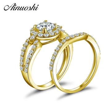 

AINUOSHI 14K Solid Yellow Gold Bridal Ring Set 4 Prongs 0.8ct Round Cut Halo Ring Set Female Engagement Wedding Rings Jewelry