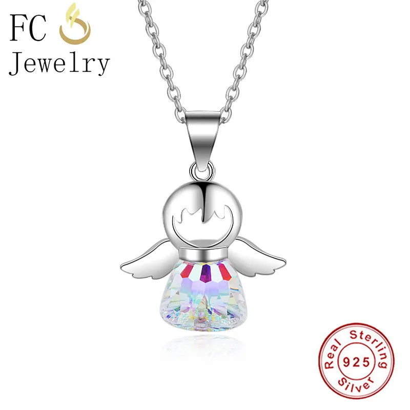 

FC Jewelry 925 Sterling Silver Fairy Angel Wing Bottle Multicolor Zirconia Pendant Necklace Link Chain For Femme Choker Colar