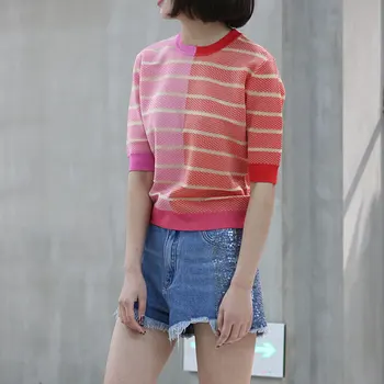 

Patchwork Striped Knit T Shirt Women 2019 Simply Chic Basic Short Sleeve Summer Tee Casual Tee Shirts Red Women Tops Yellow