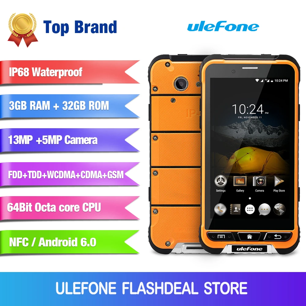 Ulefone Armor IP68 Водонепроницаемый Cмартфон 4.7 дюймов HD MTK6753 Octa Core Android 6.0 3 ГБ Оперативная память 32 ГБ Встроенная память Основная камера 13MP OTA 4G Мобильный телефон Функция NFC Защищённый смартфон