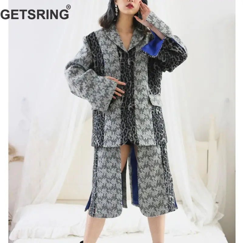 

GETSRING Women Winter Coat Leopard Print Striped Hollow Out Fake Two Woolen Overcoat Irregular Female Overcoat Loose Long Coats