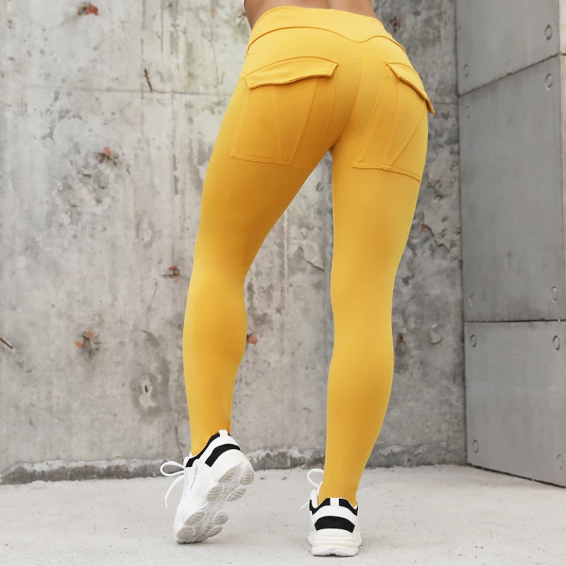 NORMOV женские Леггинсы Спортивные Высокая талия эластичный пуш-ап с карманом по щиколотку полиэстер леггинсы повседневные желтые леггинсы