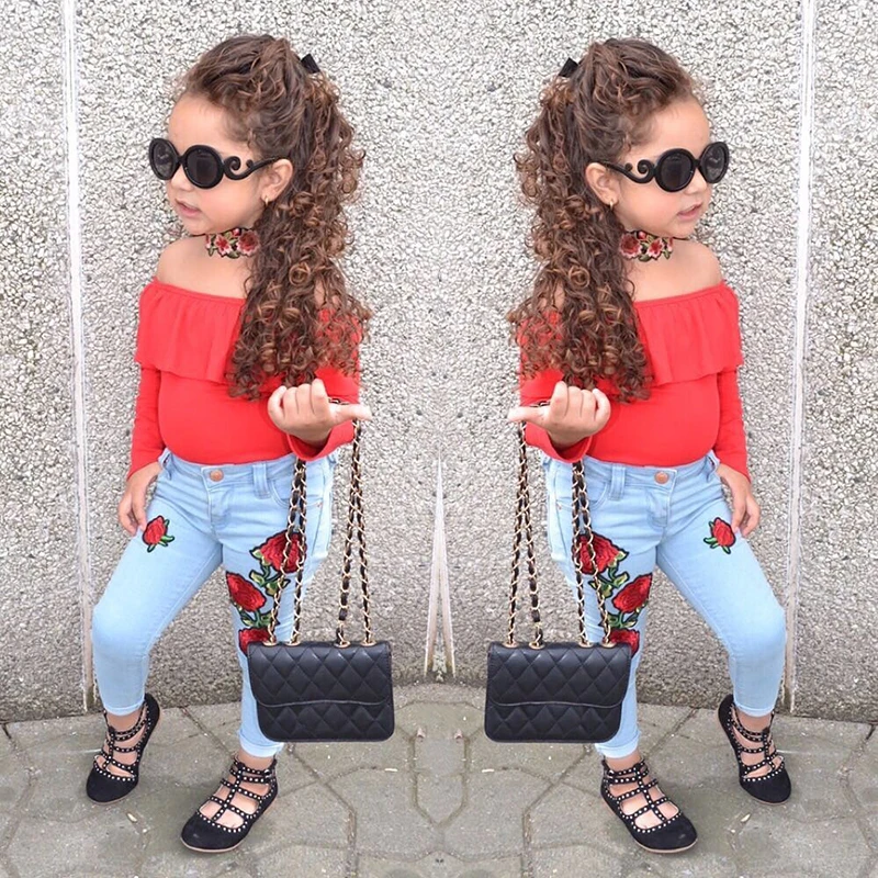 

JT-273 Summer Fashion Girls Clothes Sets Cotton Kids Off Shoulder red T Shirt Tops+rose Jeans 2PCS Children Clothing Set 1-6T