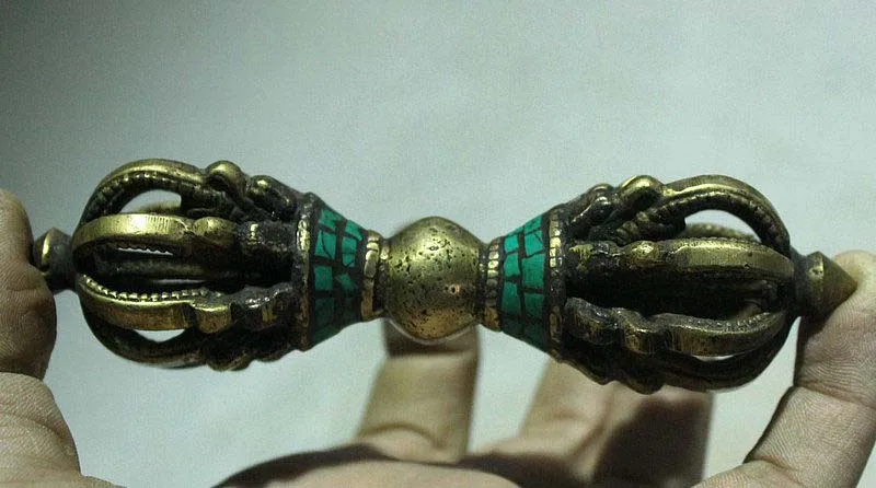 

4" Old Tibet Buddhist Bronze Turquoise Dragon head Exorcism Phurba dagger Holder