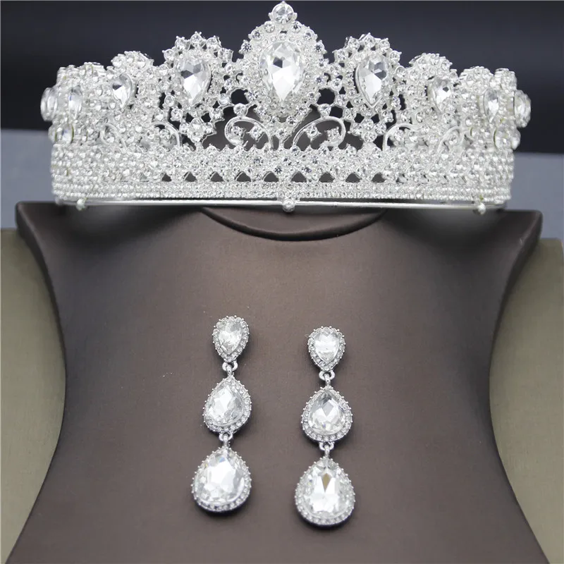 

Queen Crystal Crown for Women Gold/Silver Bridal Headband Bride Tiaras and Crowns Earrings Sets Wedding Hair Jewelry Ornament