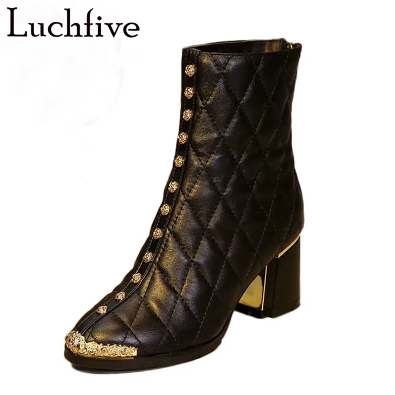 

Short martin Boots high heels gold metal flowers rivets embellished runway botas mujer 2018 Newest Ankle Boots for women