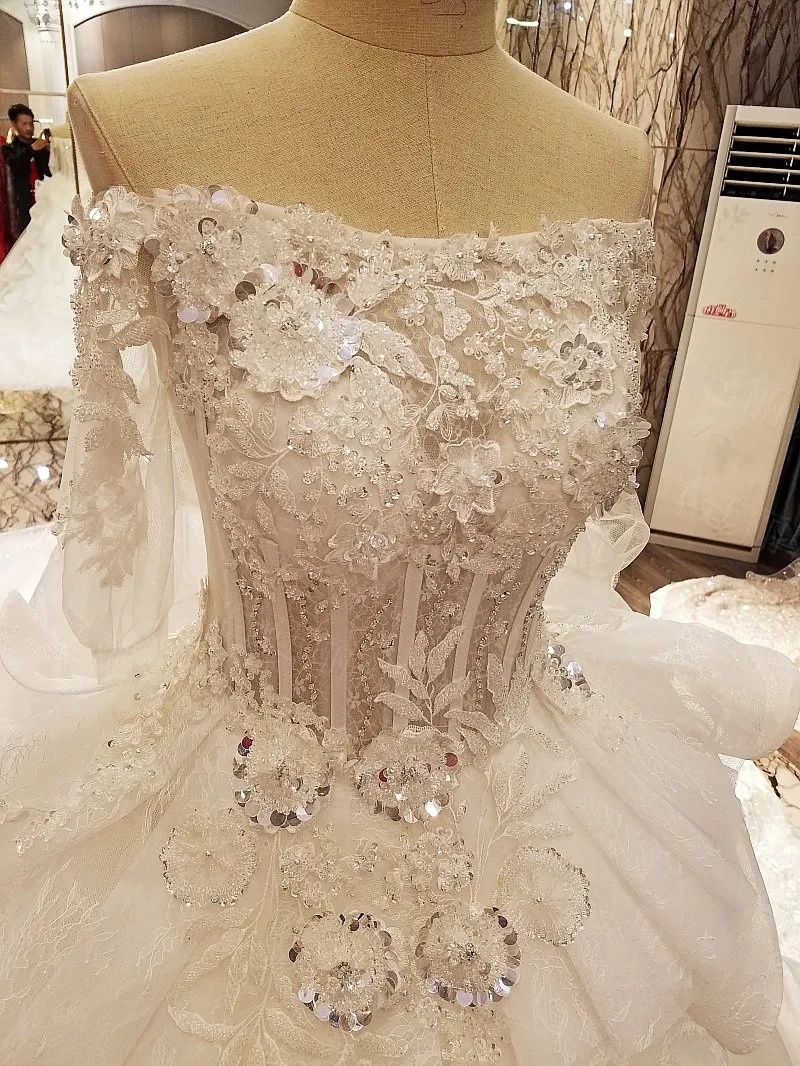 Robe De Mariage, с открытыми плечами, половина рукава, без бретелек, роскошный длинный шлейф, кружева, Аппликации, кристаллы, бисер, свадебные платья
