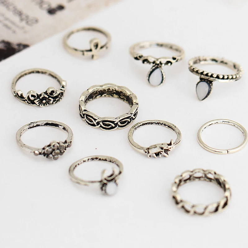 

10PCS Punk Vintage Women Knuckle Rings Tribal Ethnic Hippie Stone Joint rings Fashion Jewelry Charm Women Party Accessories
