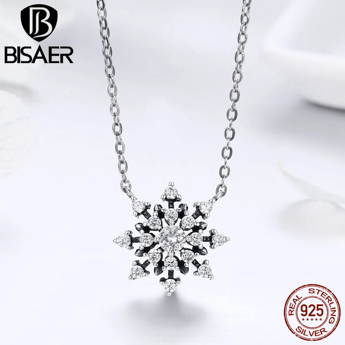 

BISAER 925 Sterling Silver Luminous Snowflake Geometric Pendant Necklaces for Women Sterling Silver Necklace Jewelry S925 ECN220
