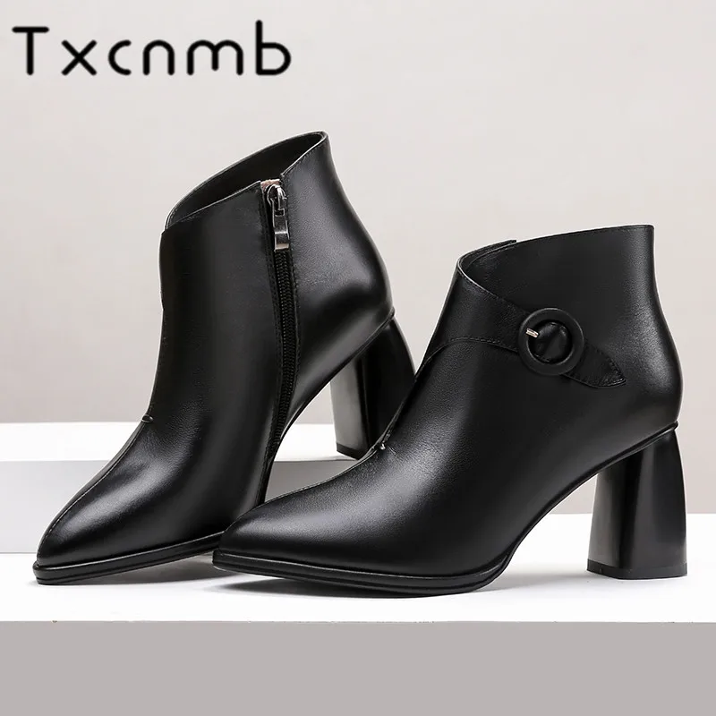 

TXCNMB 2019 Boots Women Ankle Boots for Women Winter Cow Genuine Leather High Heel Shoes Woman Pointed Toe Beige Boots