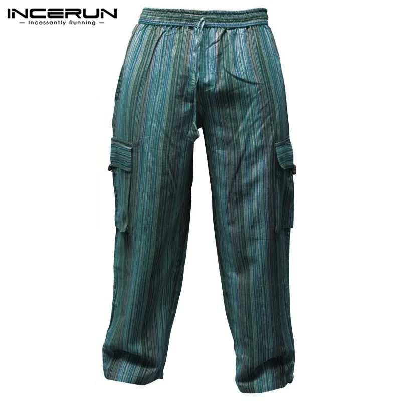 INCERUN Wide Leg Stripe Men Cargo Pants Cotton Side Pockets Baggy