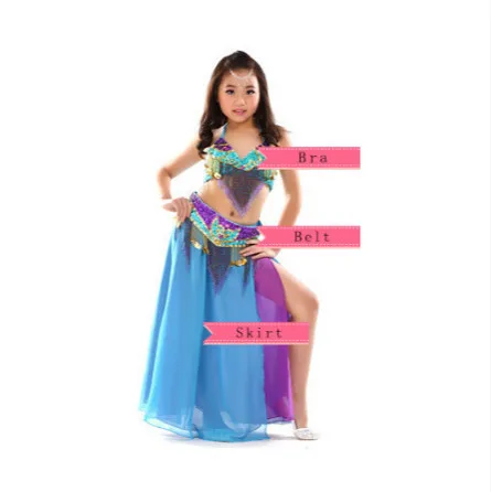 blue 3pcs Стиль, танцевальный костюм для живота, Детская Одежда для танцев, детский подарок для танца живота, индийский танец, 2 шт.-3 шт., бюстгальтер, пояс и юбка - Цвет: blue 3pcs