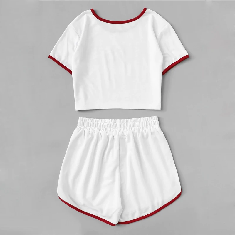 ROMWE футболка с контрастной отделкой и буквенным принтом с шортами, новинка, летний женский комплект из двух предметов, для фитнеса, стильные белые комплекты на завязках