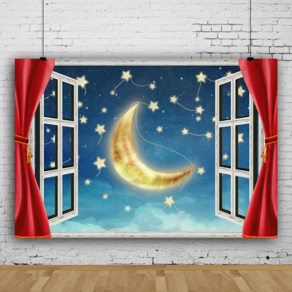 Laeacco  Starry Window Moon Baby Newborn Fairy Scenic Photography Backgrounds Customized Photographic Backdrops For Photo Studio