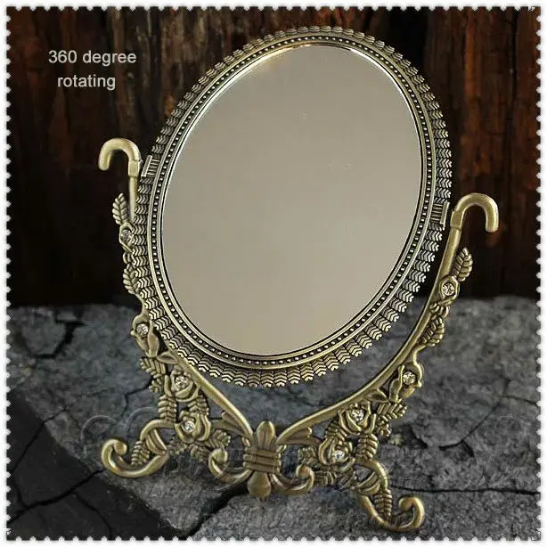 double-face retro bronze foldable alloy metal table makeup dresser desktop cosmetic decorative mirror embossed frame 338C