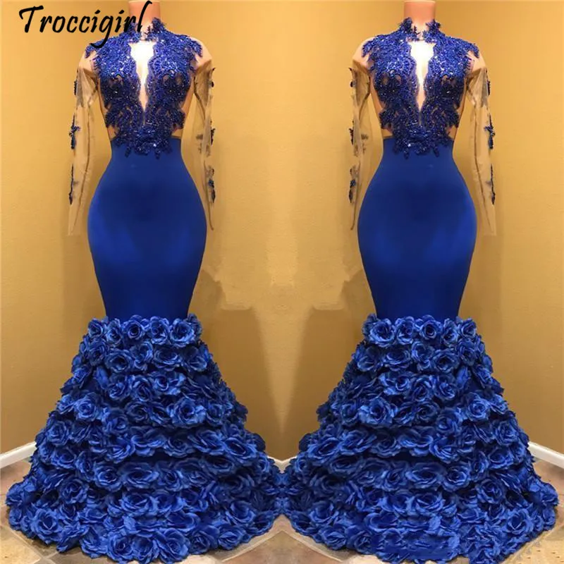 

Royal Blue Lace Mermaid Long Prom Dresses 2019 High Neck Sheer Long Sleeves Tulle Applique 3D Floral Floor Length Evening Party