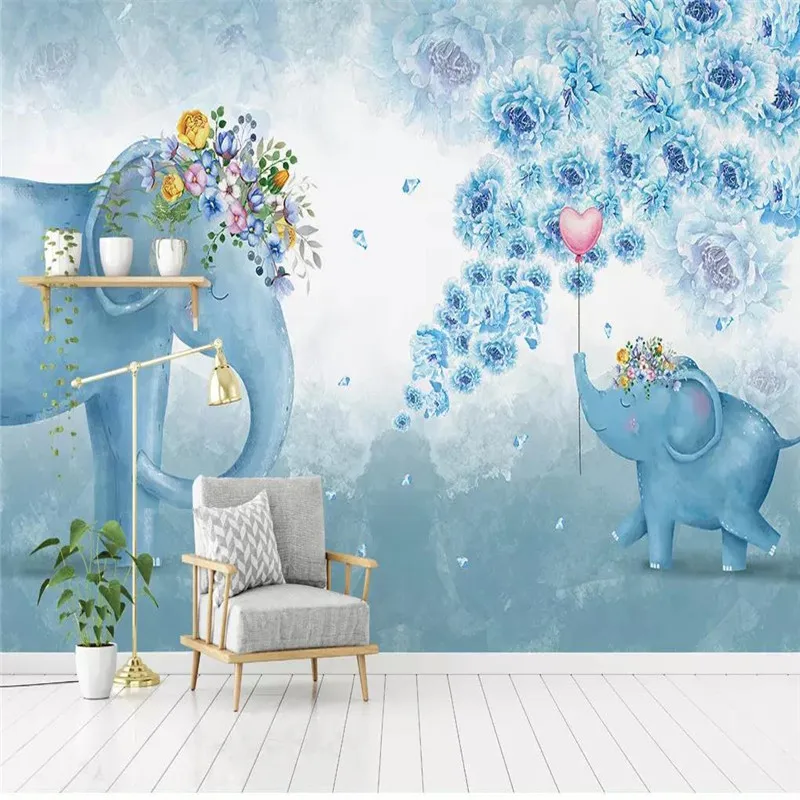 

Custom mural 3D stereo hand-painted elephant flower children bedroom living room TV background wall covering wallpaper mural