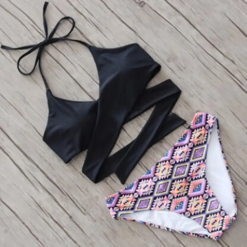 

Print Micro Bikini Set Women Halter Cross Bandage Push Up Black Padded Bra Swimsuit Swimwear Womens Triangle Bathing Suit