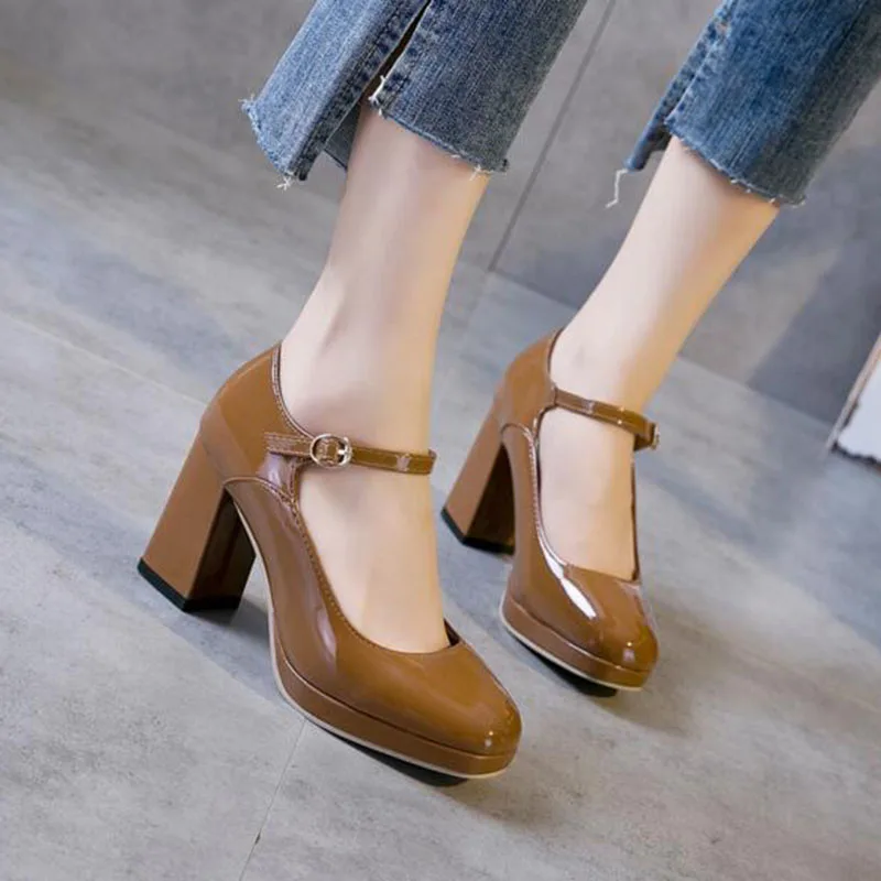 

Summer Mary Janes Style Women Ladies Fashion Round Toe High Heels Pumps,Shallow Ankle Buckle Strap Design Square Heels Shoes