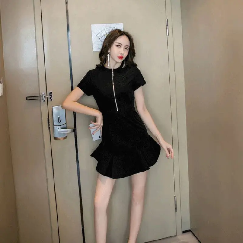 

2019 Women's Black Dress High Waist Short Sleeve Summer Dresses for Women Zipper Mini Trumpet Dress For Party Club