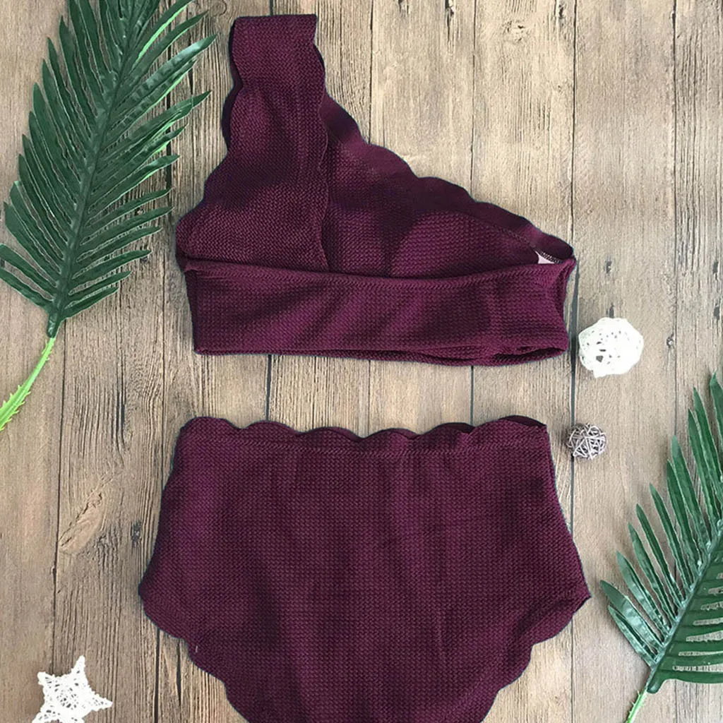 

Bikini 2018 Sexy Bikinis Swimsuit Separate Lady Vintage High Waisted Swimsuit Two Pieces Scalloped Trim One Shoulder Bikini