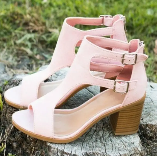 Повседневная Женская обувь в римском стиле, женские сандалии на высоком квадратном каблуке, летние модные сандалии, обувь с открытым носком и молнией сзади, женская обувь* 882 - Цвет: Pink