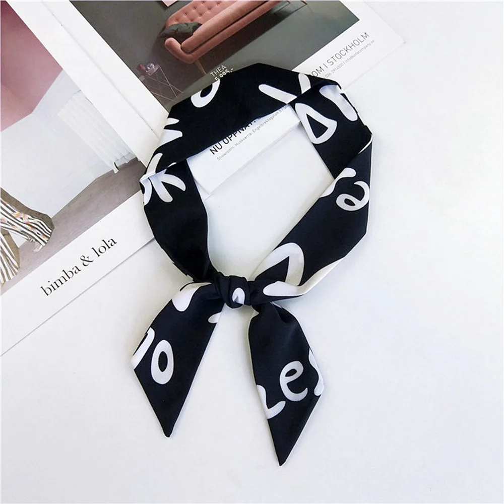 

Winfox Fashion Black Red Letter Print Small Silk Scarf Women Striped Print Hair Bags Handle Hand Ribbon Head Scarf