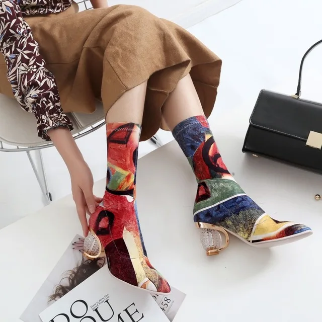 

Colorful Women Ankle Boots Transparent Square Heel Pointed Toe Woman Short Boots Plus Size Slip On Ladies Fashion Stretch Botas