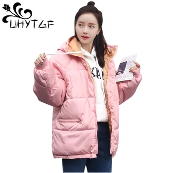 

UHYTGF 2018 New Winter Cotton Jacket Women Student BF Harajuku Warm Parkas Down Cotton Jacket Fashion Loose Short Hoodies Coat 2