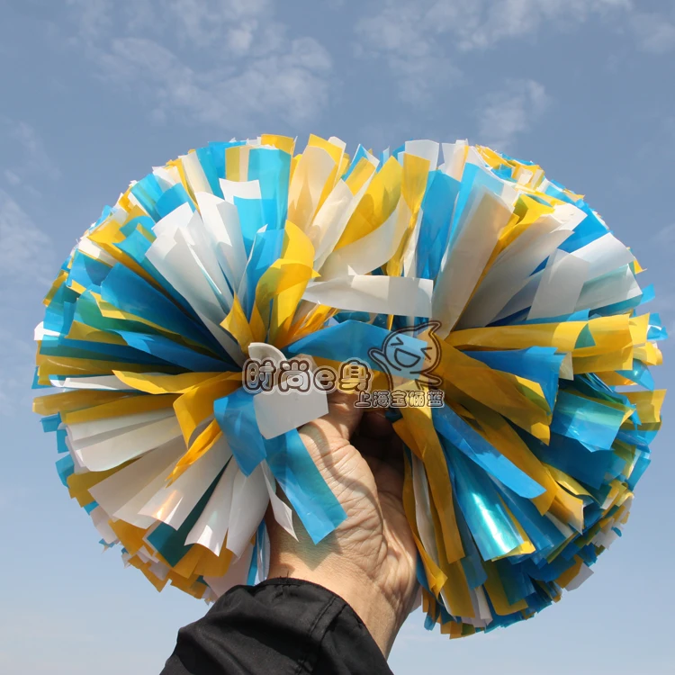 

10pcs Cheerleading pom plastic White yellow and blue color mixing,1000*3/4" wide streamers handle