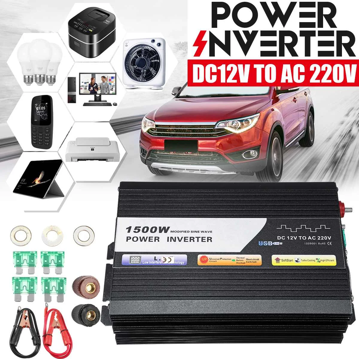 

KROAK 1500W P eak DC 12V to 220V AC Solar Power Inverter w/ USB Charging Port Inverter for LED Lamp Compact Fluorescent Lamp