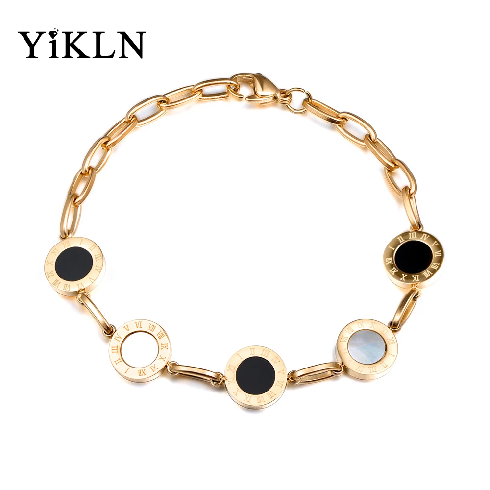 

YiKLN Classic 5Pcs Circle Roman Number Link Bracelets Stainless Steel Black Shell Lover Charm Bracelet Bangles For Women YB17029