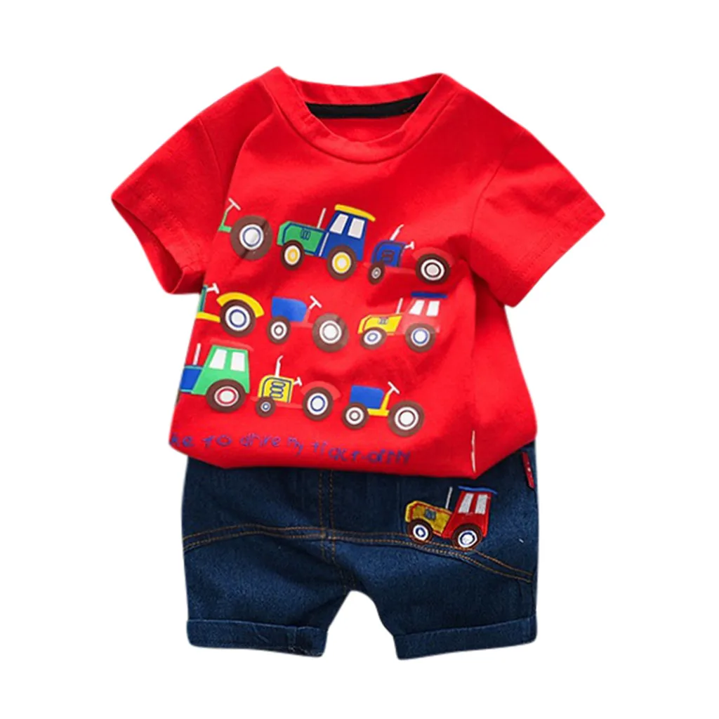 Комплекты одежды для маленьких мальчиков Одежда для новорожденных футболка с мультяшным автомобилем топы, джинсы джинсовые шорты комплект одежды, Прямая поставка
