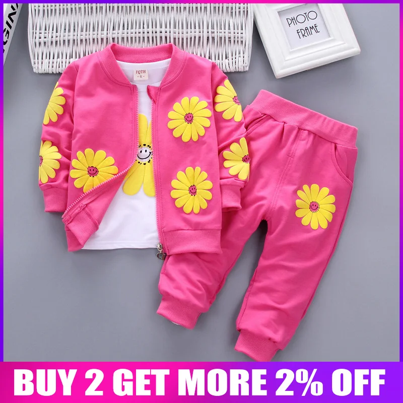 

BibiCola spring autumn baby girl clothing sets 3PCS floral coat+cartoon shirt+ trousers clothes infant toddler casual outfits
