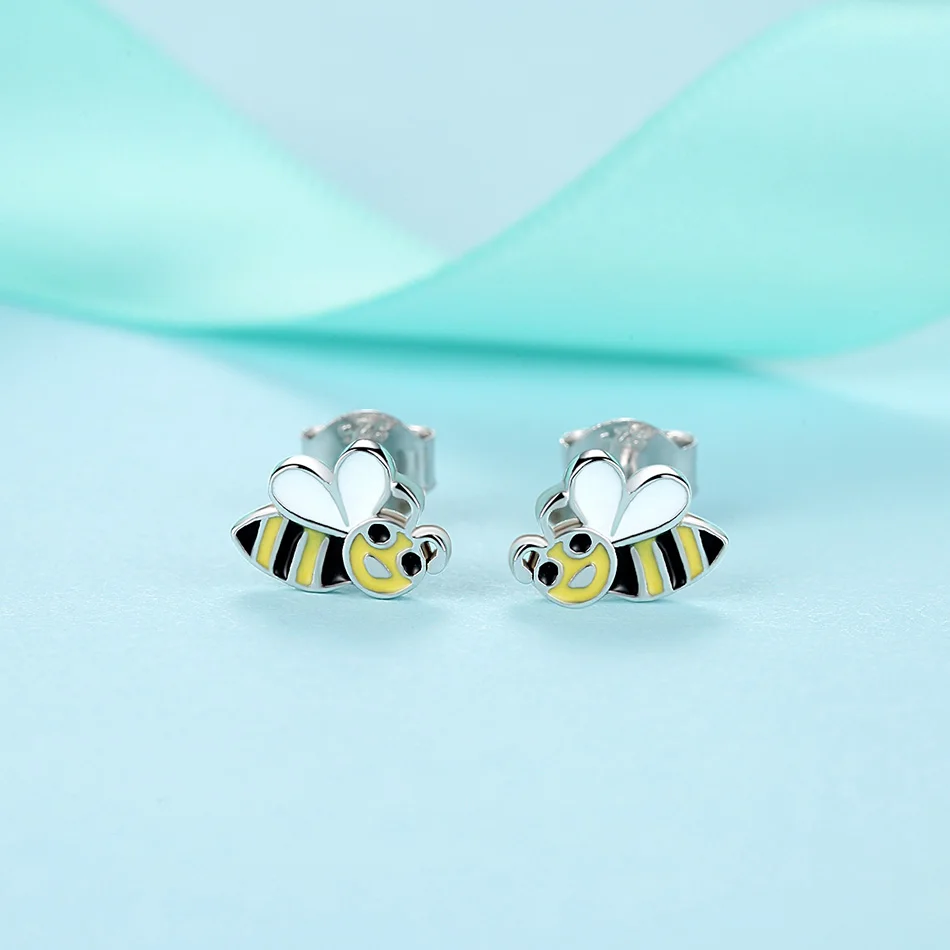 ELESHE 2019 New Simple 925 Sterling Silver Yellow Enamel Insect Honey Bee Small Stud Earrings for Women Girls Fashion Jewelry