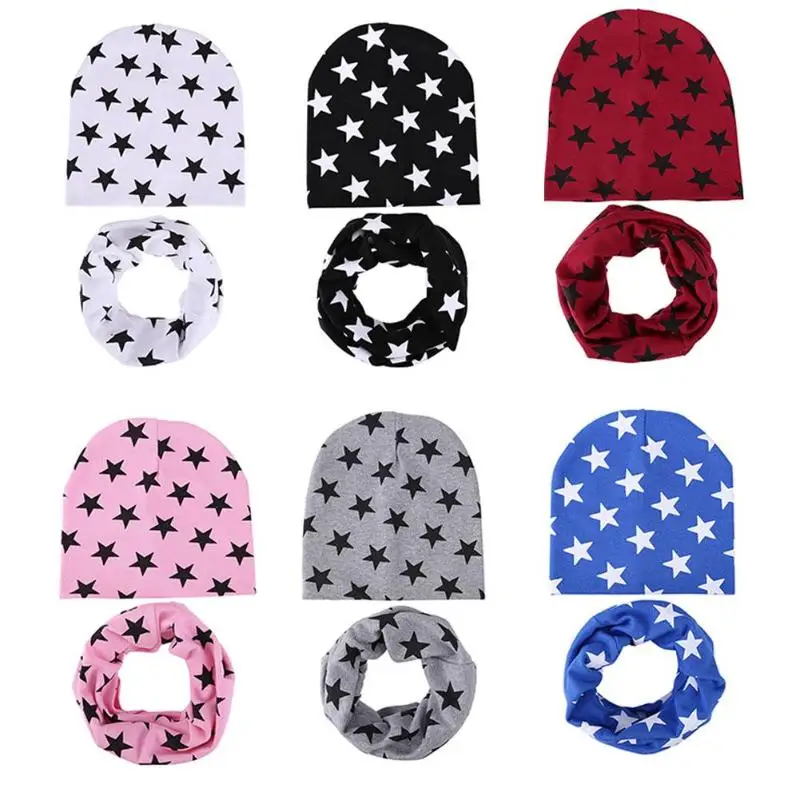 

2pcs/set Kids Baby Stars Print Beanie Hat with Scarf Winter Girl Boy Cap Set Autumn Hat Infant Warm Hats Scarves Accessories