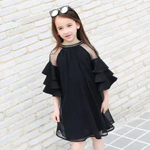 Шифоновые платья для девочек, летнее платье для девочек-подростков, модное черное платье с расклешенными рукавами, детское дышащее Сетчатое трикотажное платье для От 6 до 16 лет