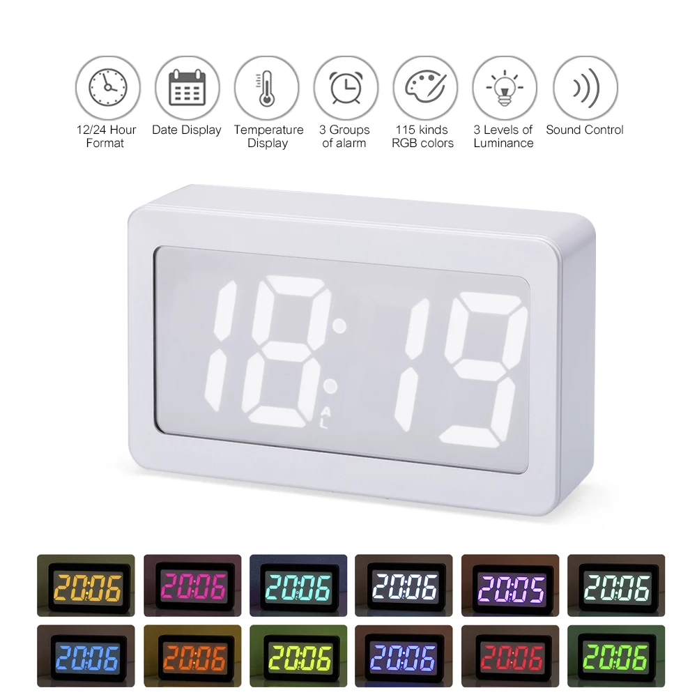 

LED USB Battery Alarm Clock Black/White Powered Digital RGB Indoor Thermometer Electronic Desktop Clocks Not Included Battery