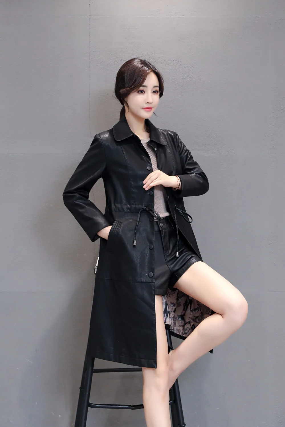 Oversize 5xl пояса с длинным рукавом Кожаные куртки пальто Для женщин осень Pu Кожаные куртки Для женщин длинный тонкий jaqueta de couro feminino