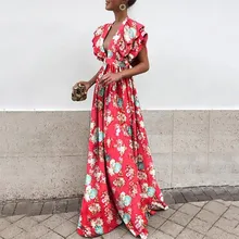 Women Summer Beach Red Boho Dress Tunic Ruffle Floral Dress Plus Size Ladies Long Dress Women Summer Beach Red Boho Dress Tunic Ruffle Floral Dress Plus Size Ladies Long Dress