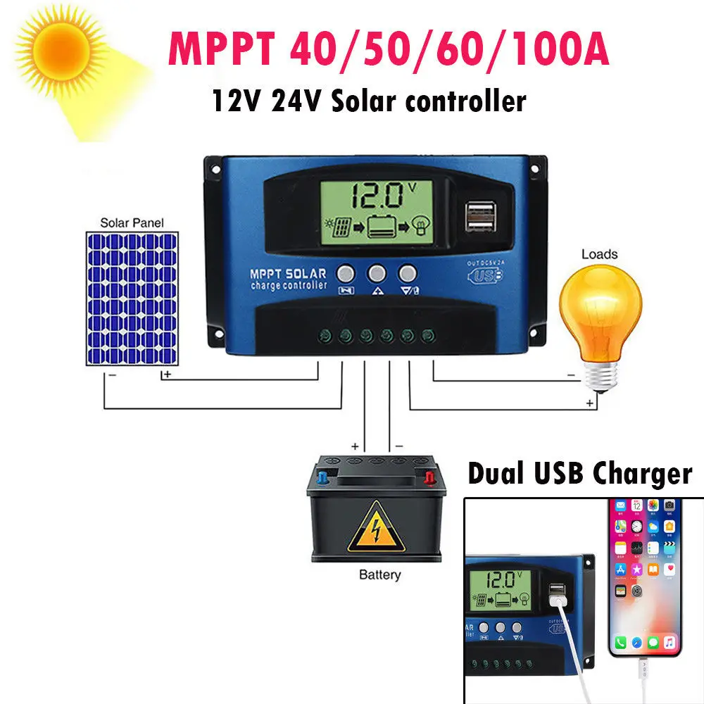 100A регулятор MPPT солнечной панели Контроллер заряда 12 V/24 V Авто отслеживания фокуса