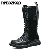 Модные черные водонепроницаемые военные ботинки на молнии; армейские Нескользящие ботинки до середины икры размера плюс; сезон осень; мужские ботинки из лакированной кожи