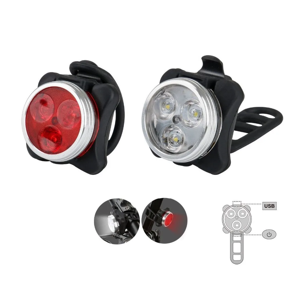 

Practical Cycling Bicycle Bike 3 LED Head Front Rear Tail light Rechargeable Battery With USB Charging Cable 2 Color Available