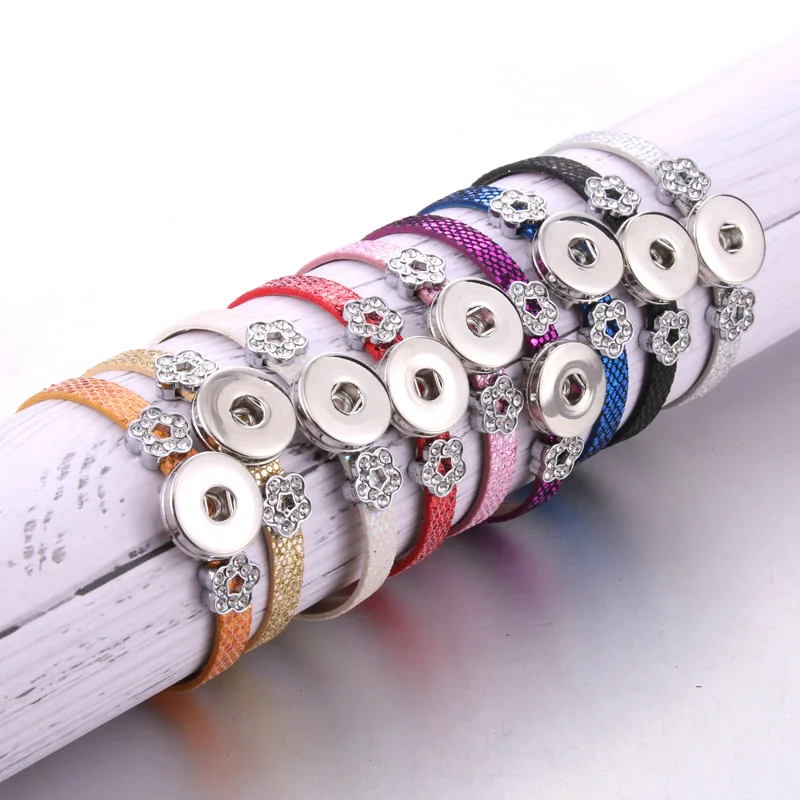 

New Snap Button Jewelry Leather Strap style 18mm Button Bracelet for Women Children Stainless Steel Flower Charms Bracelet