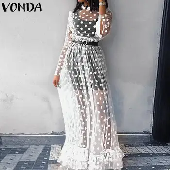 

VONDA Holiday Hollow Lace Dress Women Bohemian Vintage Dot Print Floor-Length Dress 2020 Sexy Party Vestido Robe Femme Plus Size