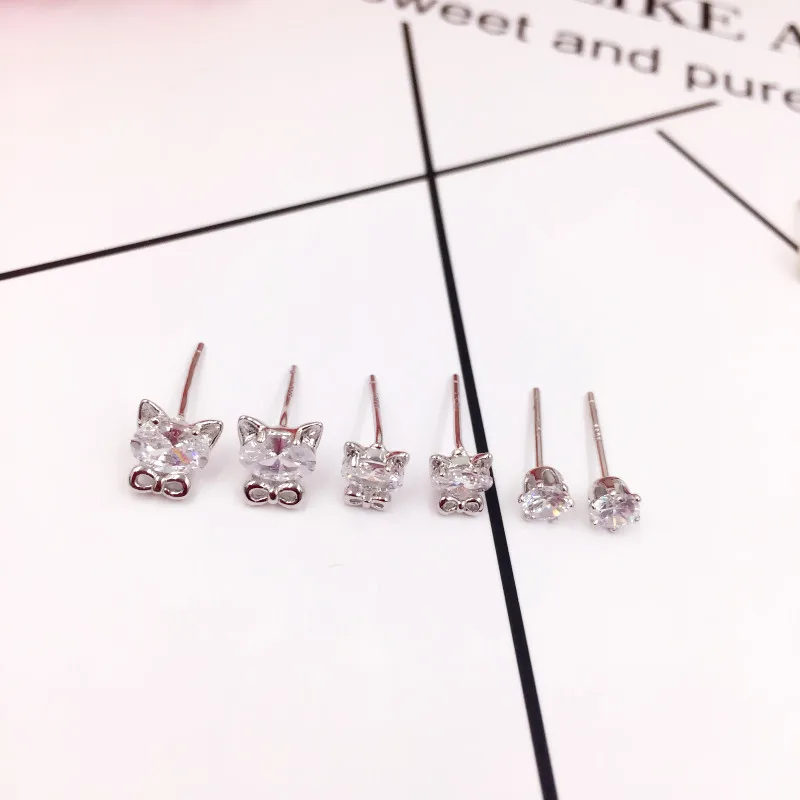 

925 Silver Needle Zircon Earring Fashion Cute Animal Cat Bowknot Stud Earrings Set Retro Jewelry Women Wedding