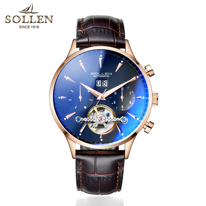 

SOLLEN Automatic Watch Business Watch Tourbillon Skeleton Men Wrist Watch Sapphire Crystal Mechanical Watches Relogio Masculino
