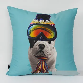 

NEW Modern Luxury Blue Bulldog Bull Dog Ski with Glasses Fashion Art Decorative Pillow Case Cushion Cover Sham 45cm x 45cm