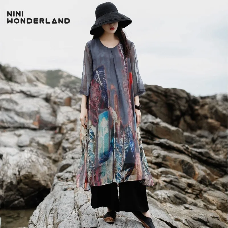 

NINI WONDERLAND Summer Print Dress 2019 Women Loose Chiffon Fashion Dresses Female Half Sleeve Loose Vintage Dresses Big Size